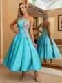 Perfect Ball-Gown One-Shoulder Flower Tea-Length Satin Dress